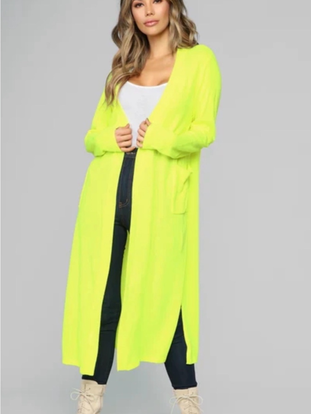 Fashion Nova Neon Yellow Long Open-Front Cardigan